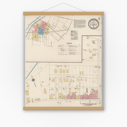 Old map wall art mockup — magnetic wood frame on white wall — Sanborn Fire Insurance Map from El Monte, Los Angeles County, California (1920) - Complete Map Set