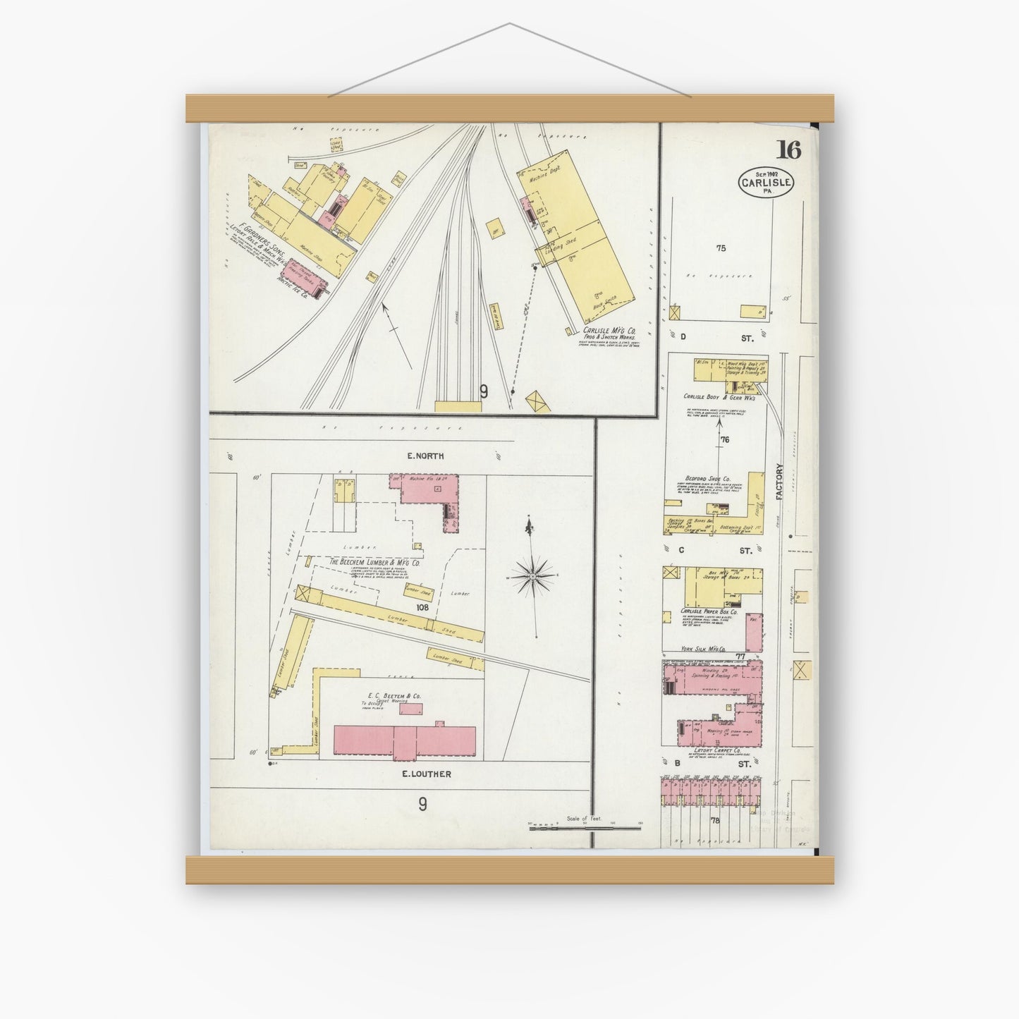 Old map wall art mockup — magnetic wood frame on white wall — Sanborn Fire Insurance Map from Carlisle, Cumberland County, Pennsylvania (1902), Sheet #0016