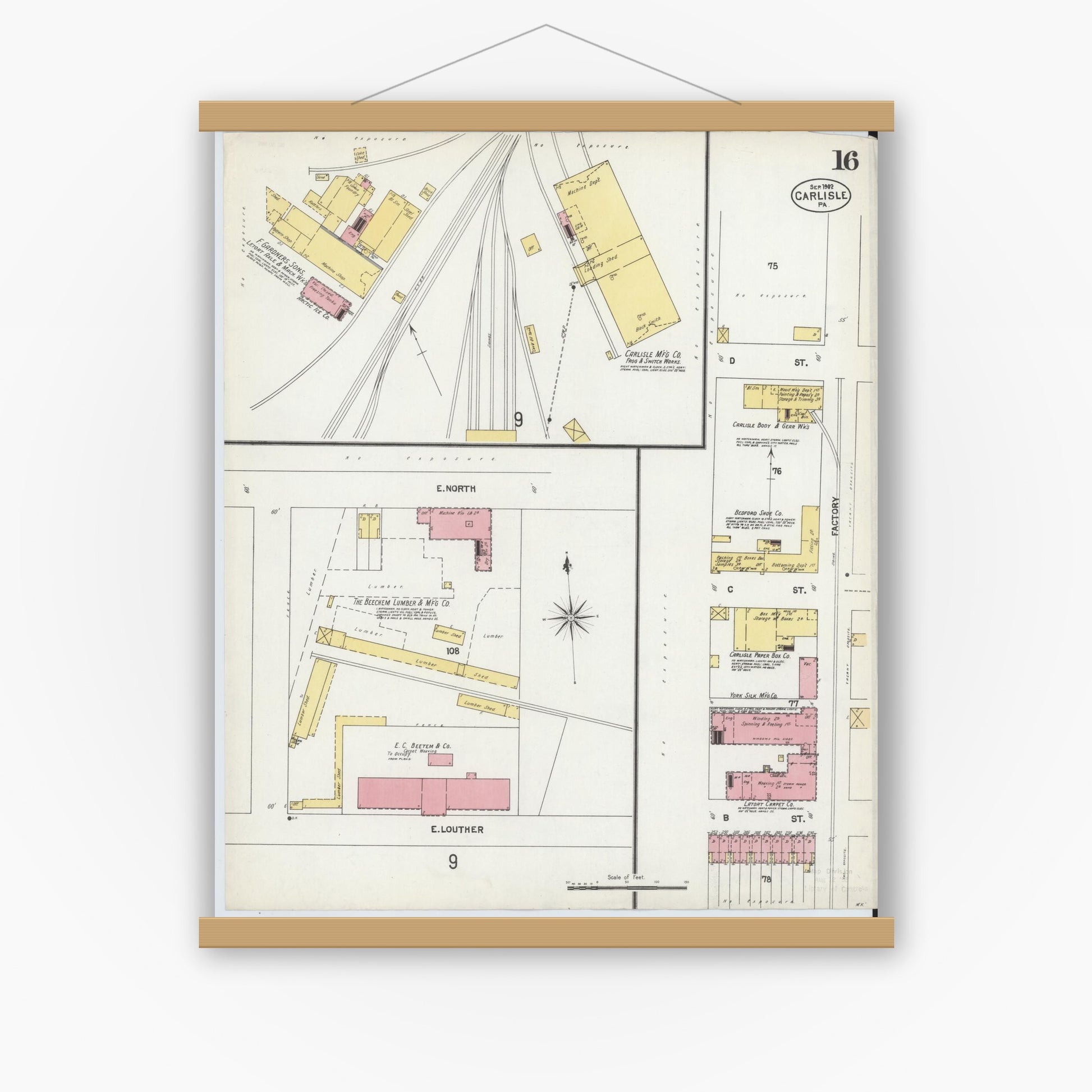 Old map wall art mockup — magnetic wood frame on white wall — Sanborn Fire Insurance Map from Carlisle, Cumberland County, Pennsylvania (1902), Sheet #0016