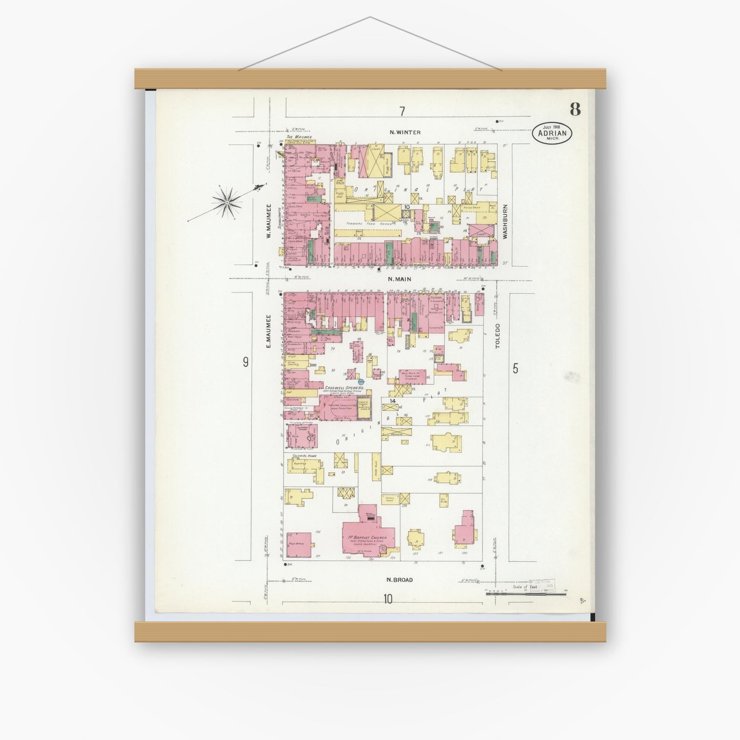 Old map wall art mockup — magnetic wood frame on white wall — Sanborn Fire Insurance Map from Adrian, Lenawee County, Michigan (1908), Sheet #0008