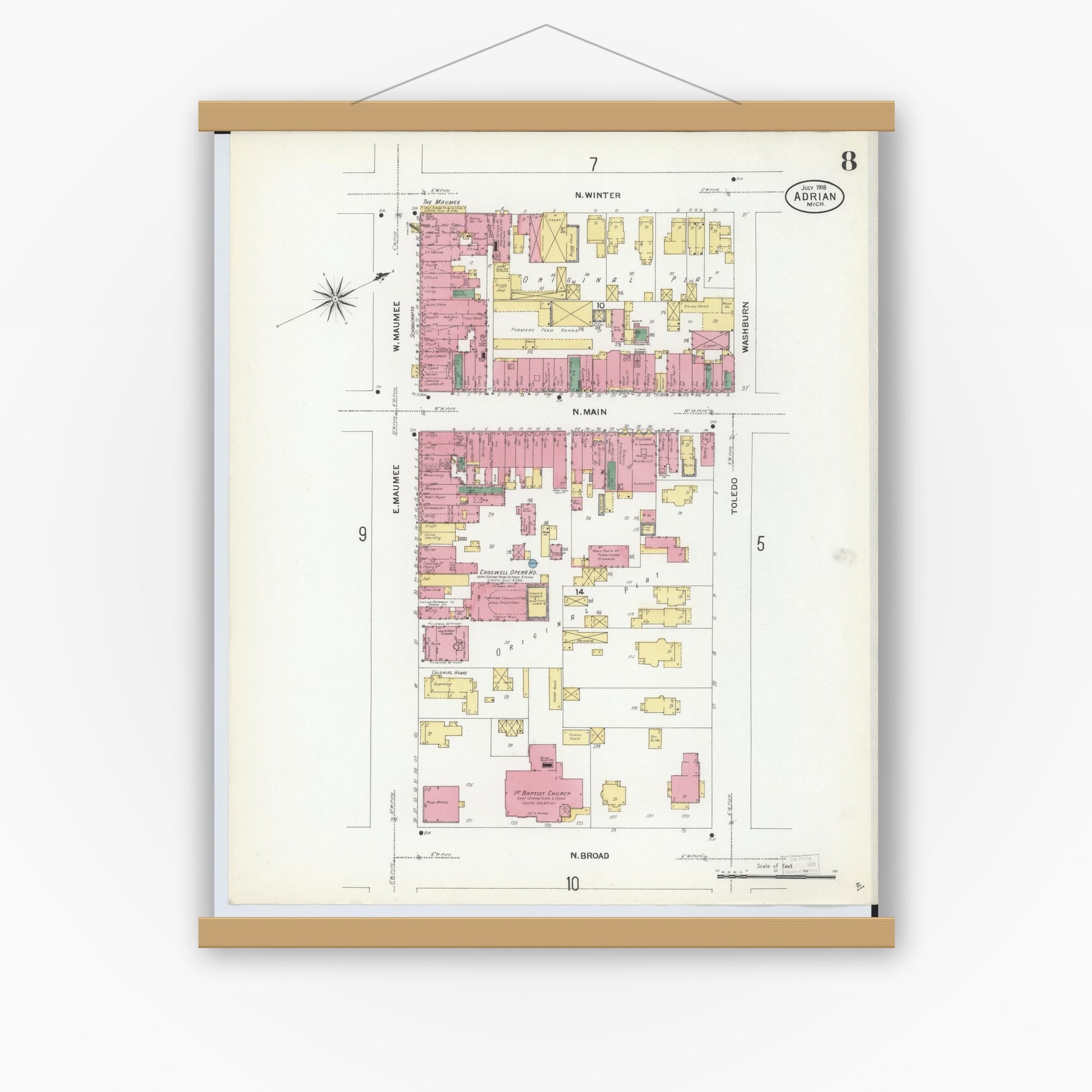Old map wall art mockup — magnetic wood frame on white wall — Sanborn Fire Insurance Map from Adrian, Lenawee County, Michigan (1908), Sheet #0008
