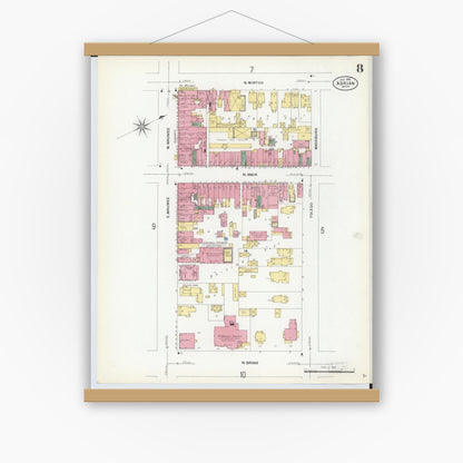 Old map wall art mockup — magnetic wood frame on white wall — Sanborn Fire Insurance Map from Adrian, Lenawee County, Michigan (1908), Sheet #0008