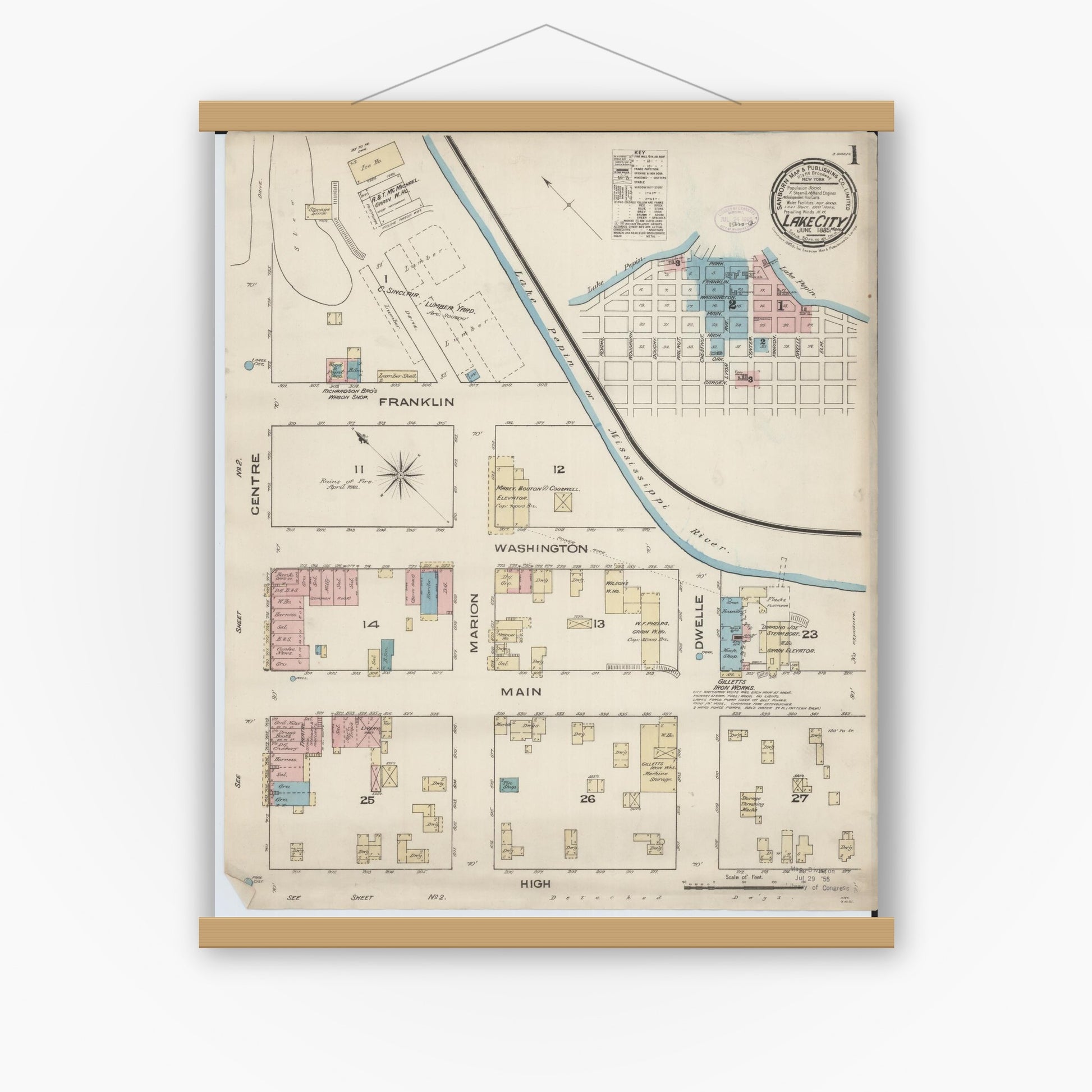 Old map wall art mockup — magnetic wood frame on white wall — Sanborn Fire Insurance Map from Lake City, Wabasha County, Minnesota (1885), Sheet #0001