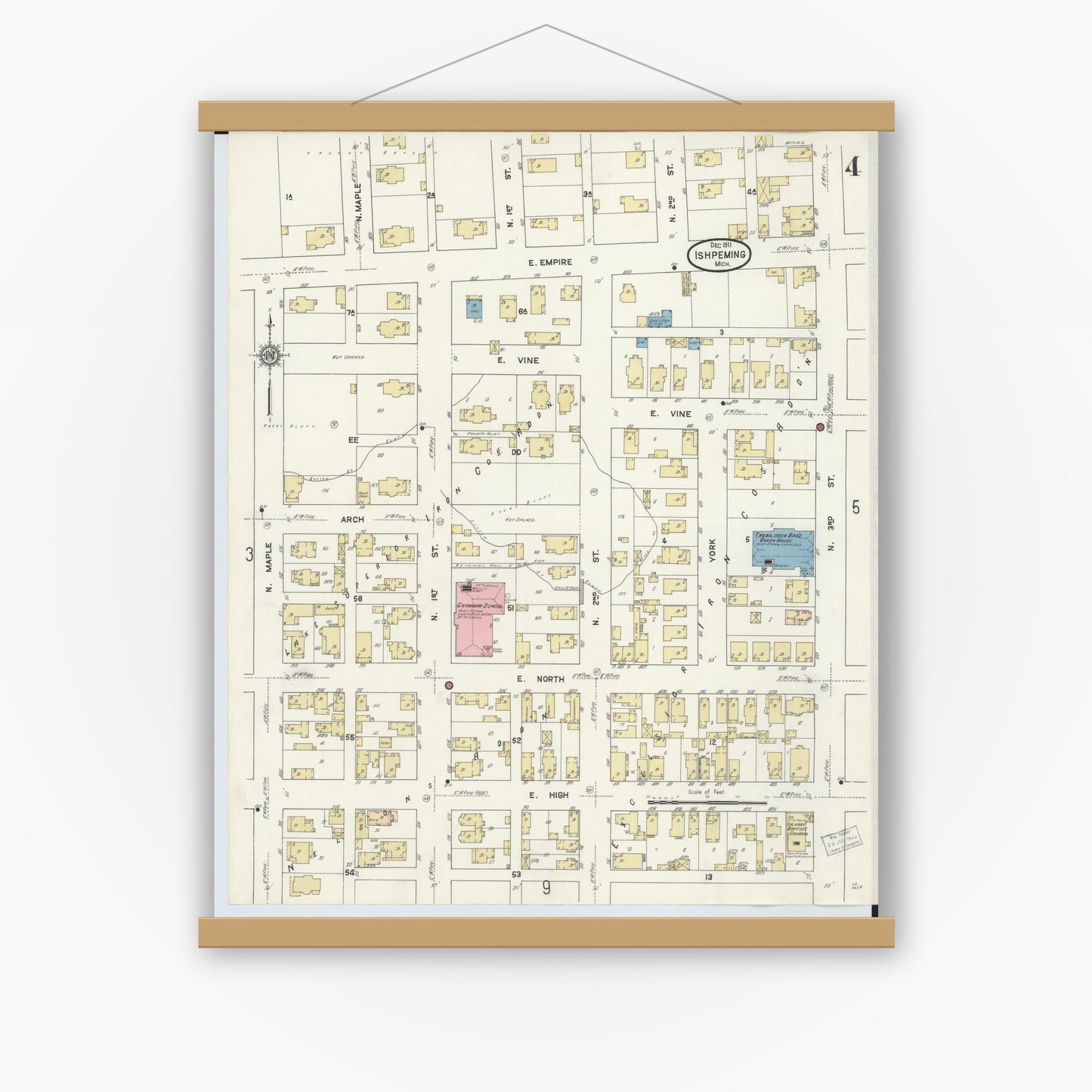 Old map wall art mockup — magnetic wood frame on white wall — Sanborn Fire Insurance Map from Ishpeming, Marquette County, Michigan (1911), Sheet #0004
