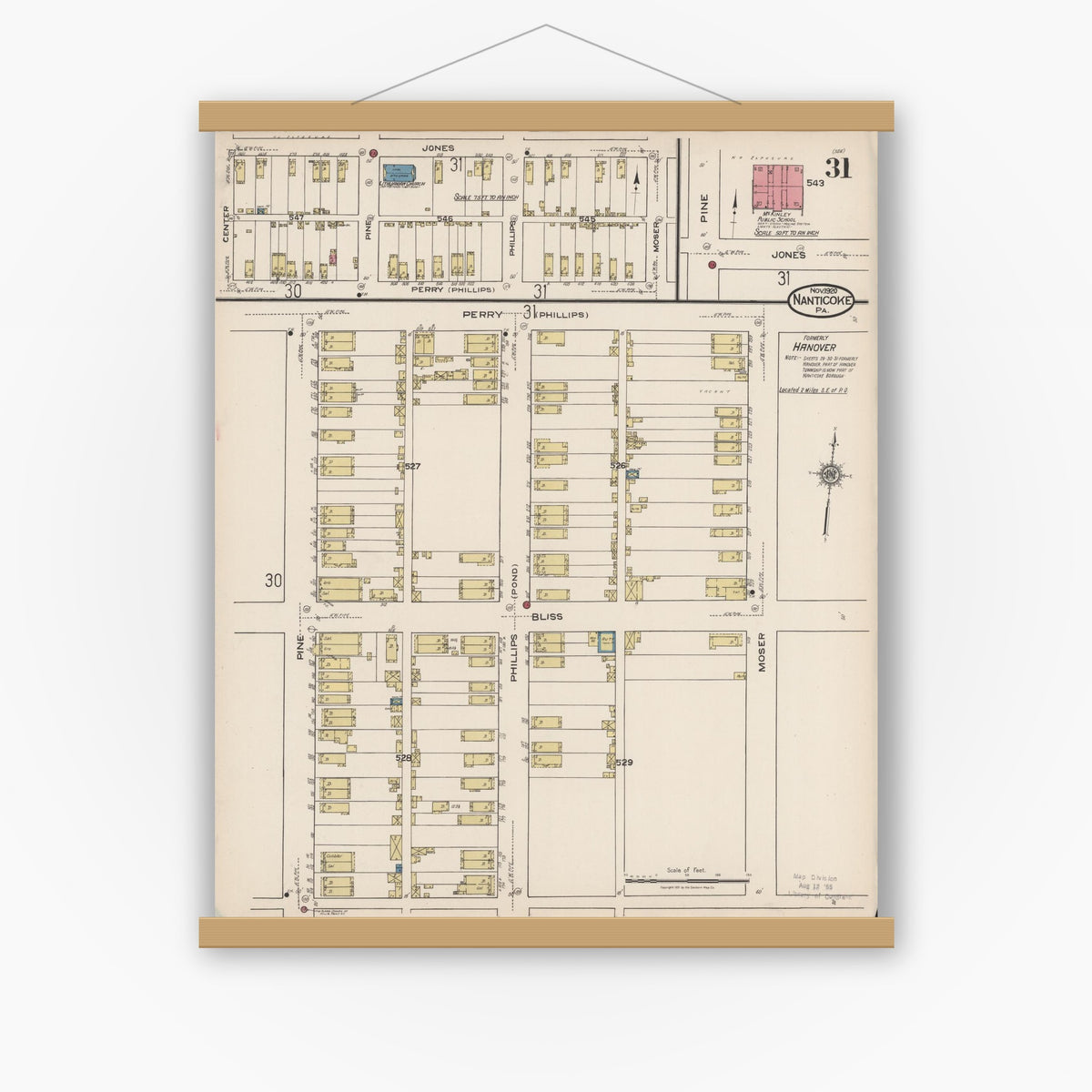 Old map wall art mockup — magnetic wood frame on white wall — Sanborn Fire Insurance Map from Nanticoke, Luzerne County, Pennsylvania (1920), Sheet #0031