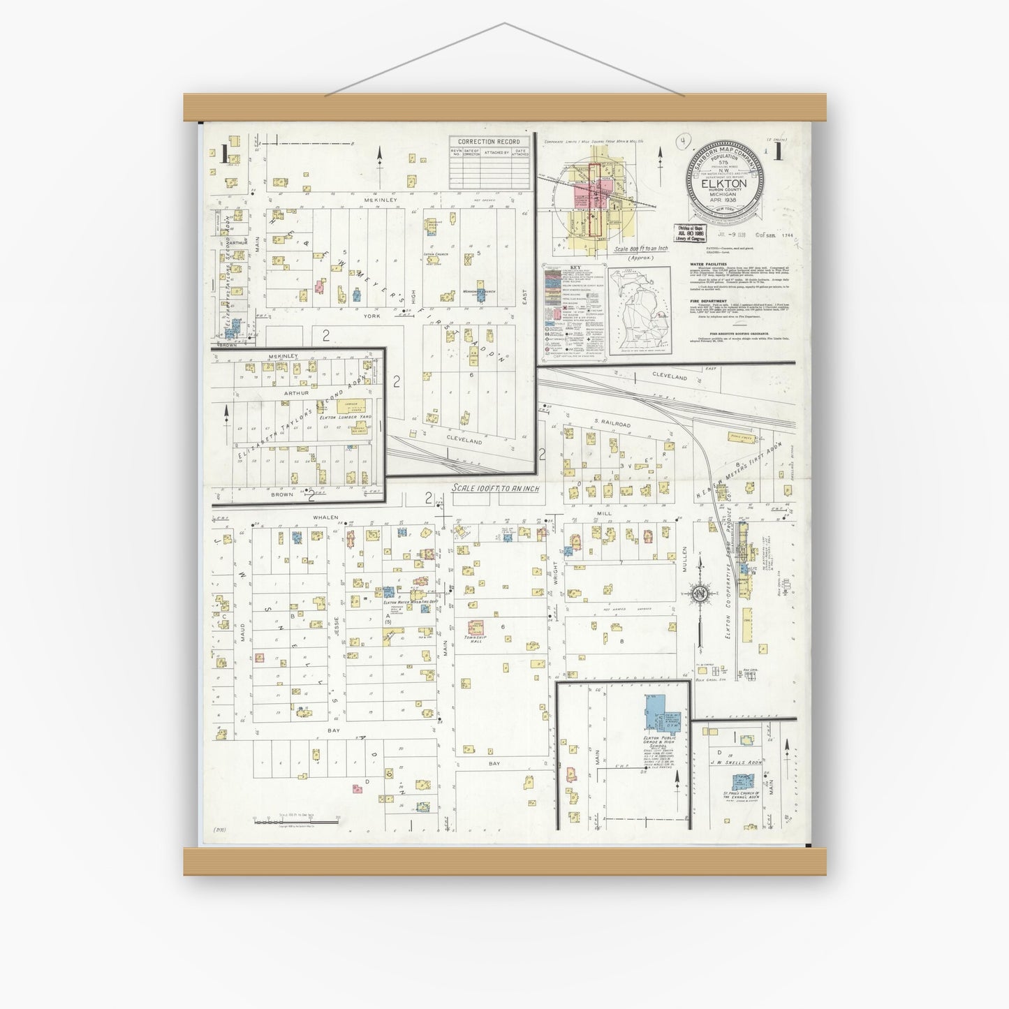 Old map wall art mockup — magnetic wood frame on white wall — Sanborn Fire Insurance Map from Elkton, Huron County, Michigan (1938), Sheet #0001