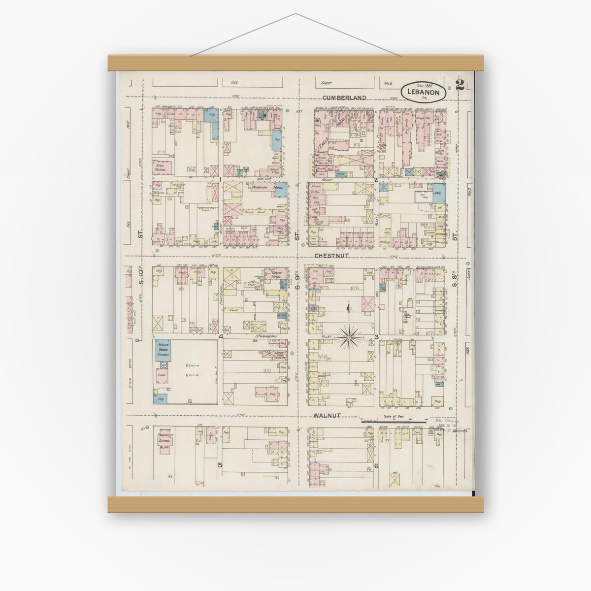 Old map wall art mockup — magnetic wood frame on white wall — Sanborn Fire Insurance Map from Lebanon, Lebanon County, Pennsylvania (1887), Sheet #0002