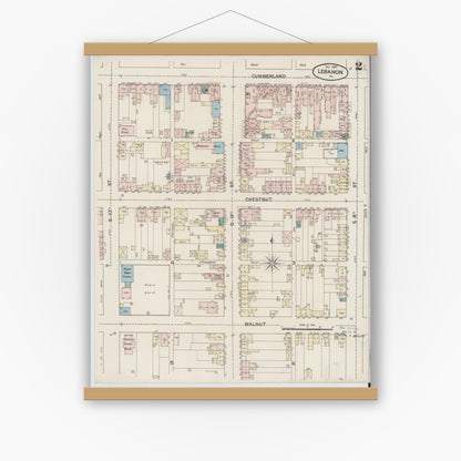 Old map wall art mockup — magnetic wood frame on white wall — Sanborn Fire Insurance Map from Lebanon, Lebanon County, Pennsylvania (1887), Sheet #0002
