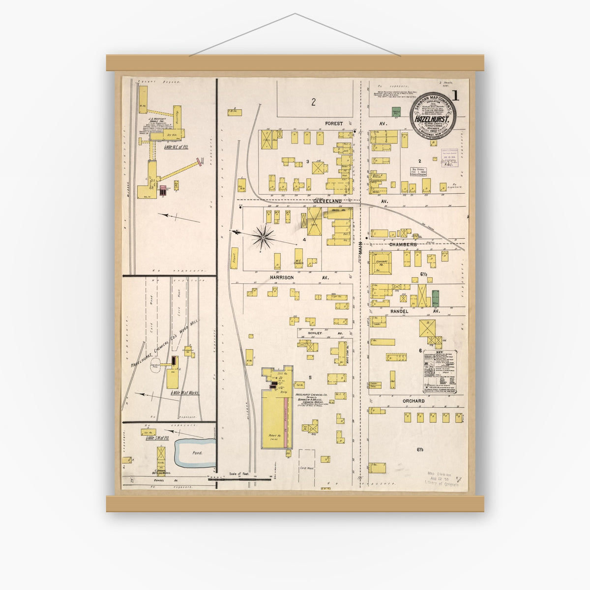 Old map wall art mockup — magnetic wood frame on white wall — Sanborn Fire Insurance Map from Hazelhurst, McKean County, Pennsylvania (1903), Sheet #0001
