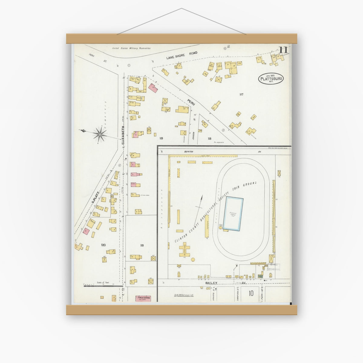 Old map wall art mockup — magnetic wood frame on white wall — Sanborn Fire Insurance Map from Plattsburg, Clinton County, New York (1902), Sheet #0011