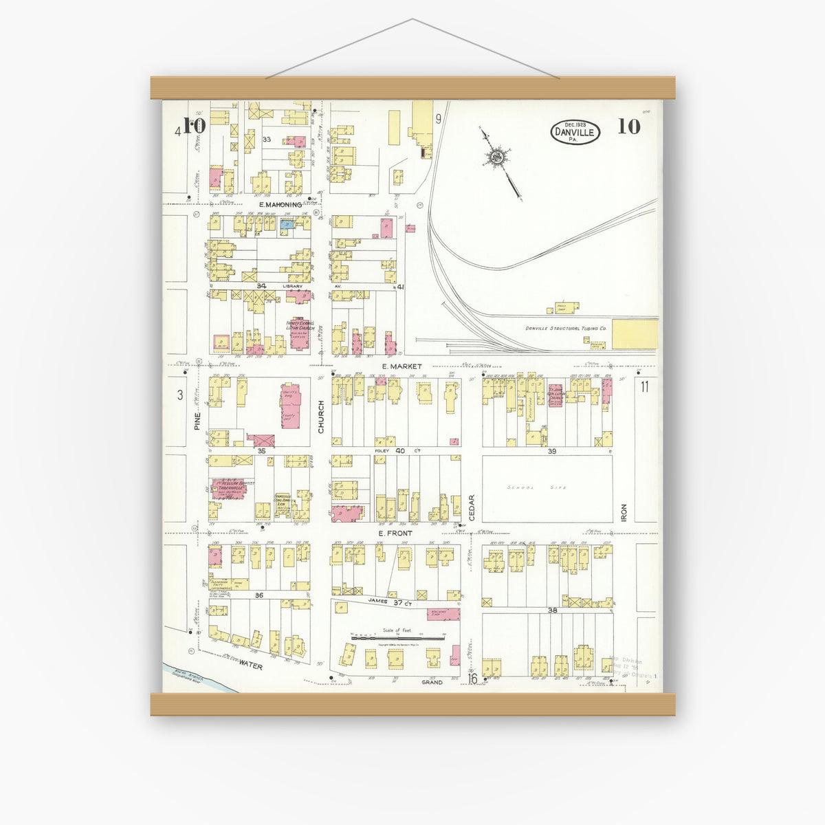 Old map wall art mockup — magnetic wood frame on white wall — Sanborn Fire Insurance Map from Danville, Montour County, Pennsylvania (1923), Sheet #0010
