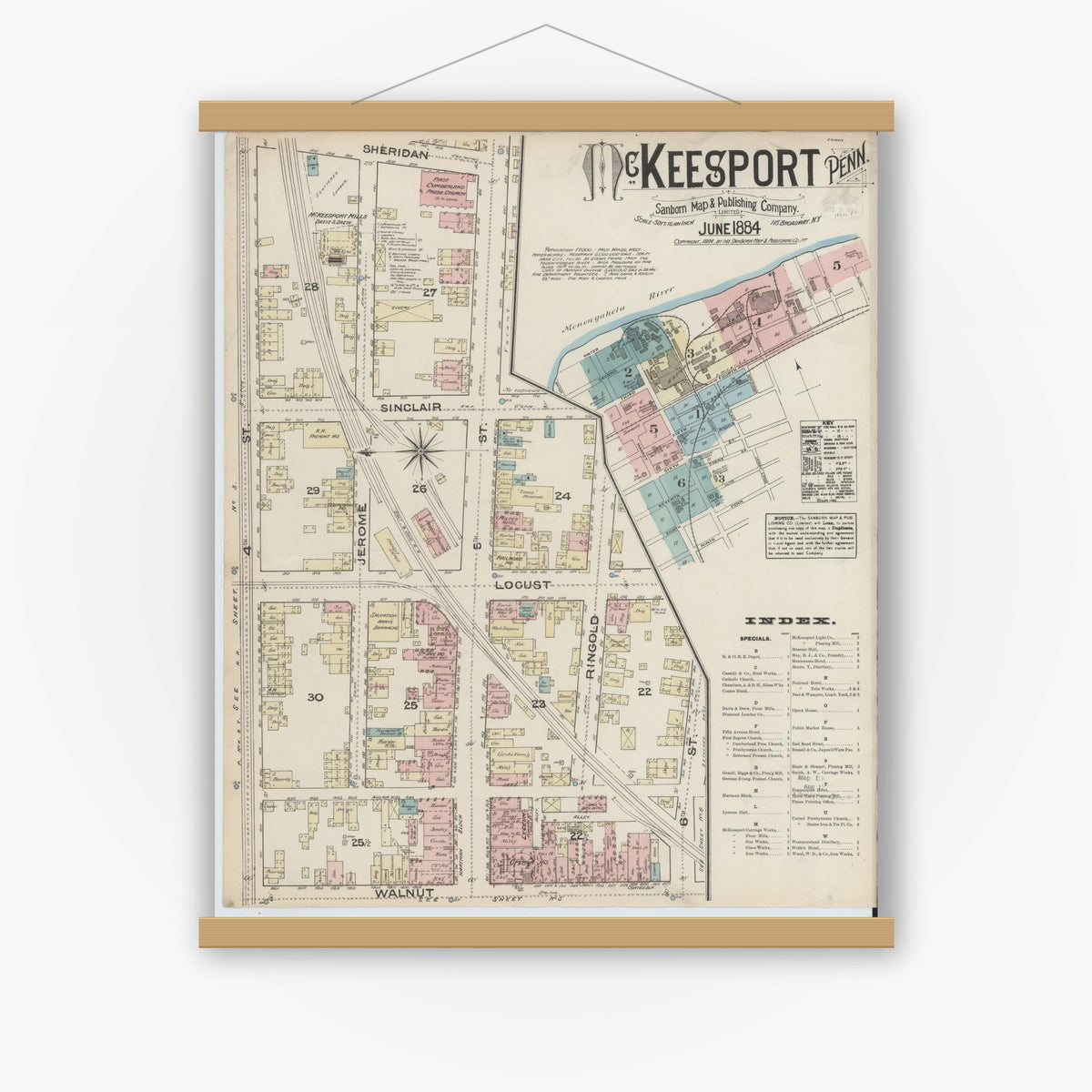 Old map wall art mockup — magnetic wood frame on white wall — Sanborn Fire Insurance Map from McKeesport, Allegheny County, Pennsylvania (1884), Sheet #0001