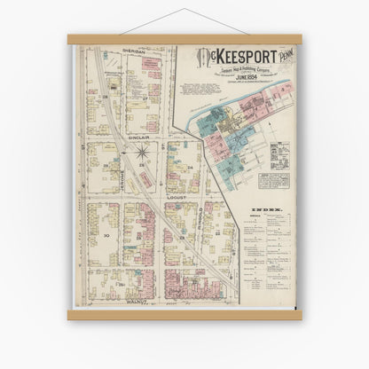Old map wall art mockup — magnetic wood frame on white wall — Sanborn Fire Insurance Map from McKeesport, Allegheny County, Pennsylvania (1884), Sheet #0001