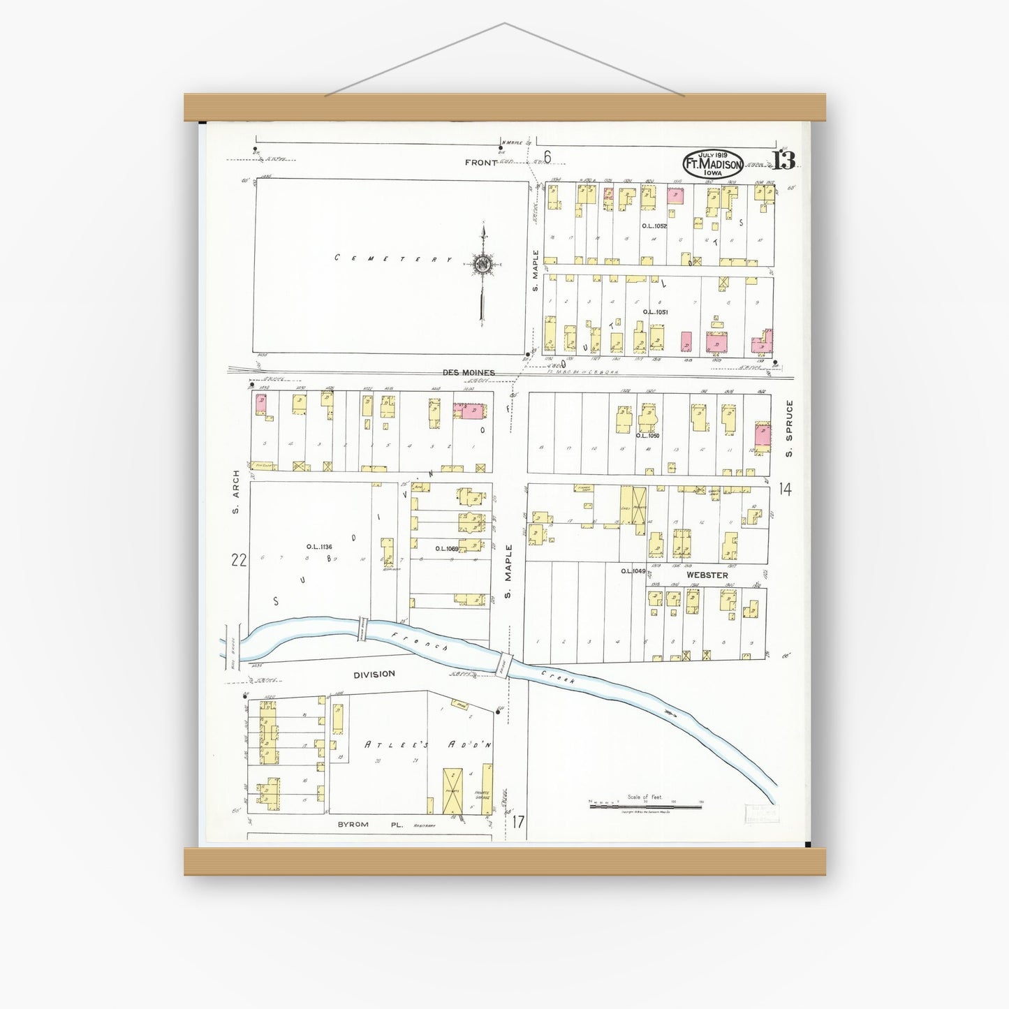 Old map wall art mockup — magnetic wood frame on white wall — Sanborn Fire Insurance Map from Fort Madison, Lee County, Iowa (1919), Sheet #0013