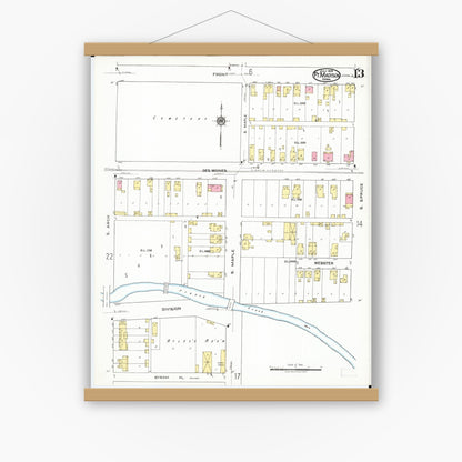 Old map wall art mockup — magnetic wood frame on white wall — Sanborn Fire Insurance Map from Fort Madison, Lee County, Iowa (1919), Sheet #0013