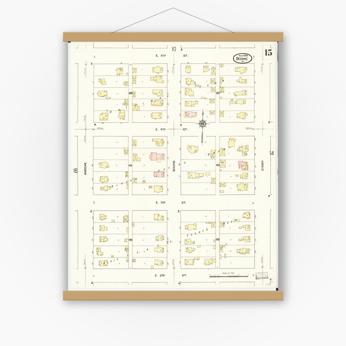 Old map wall art mockup — magnetic wood frame on white wall — Sanborn Fire Insurance Map from Boone, Boone County, Iowa (1909), Sheet #0015