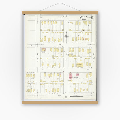 Old map wall art mockup — magnetic wood frame on white wall — Sanborn Fire Insurance Map from Wyandotte, Wayne County, Michigan (1912), Sheet #0015