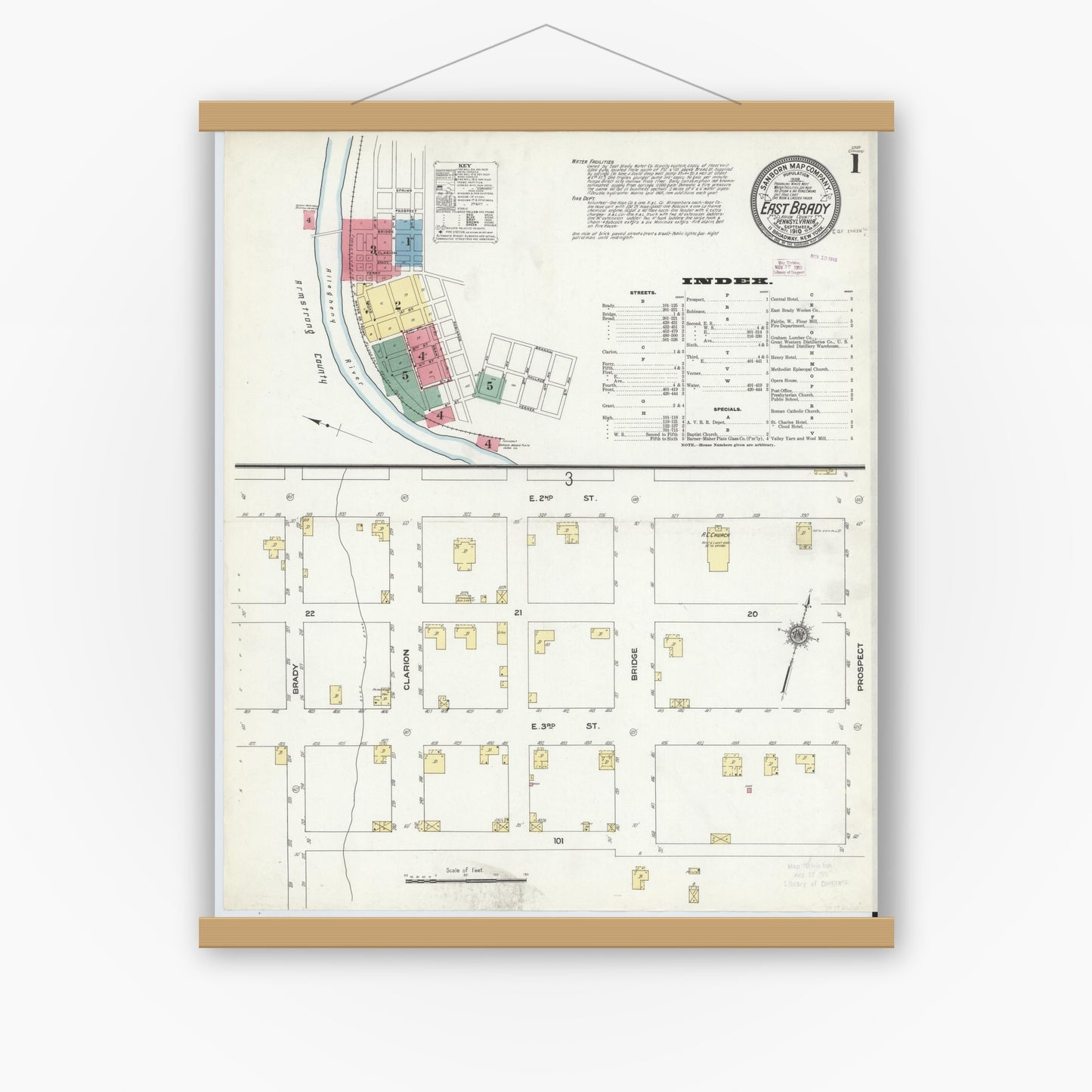 Old map wall art mockup — magnetic wood frame on white wall — Sanborn Fire Insurance Map from East Brady, Clarion County, Pennsylvania (1910), Sheet #0001