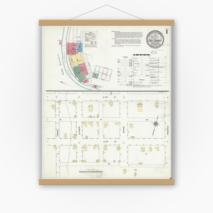 Old map wall art mockup — magnetic wood frame on white wall — Sanborn Fire Insurance Map from East Brady, Clarion County, Pennsylvania (1910), Sheet #0001