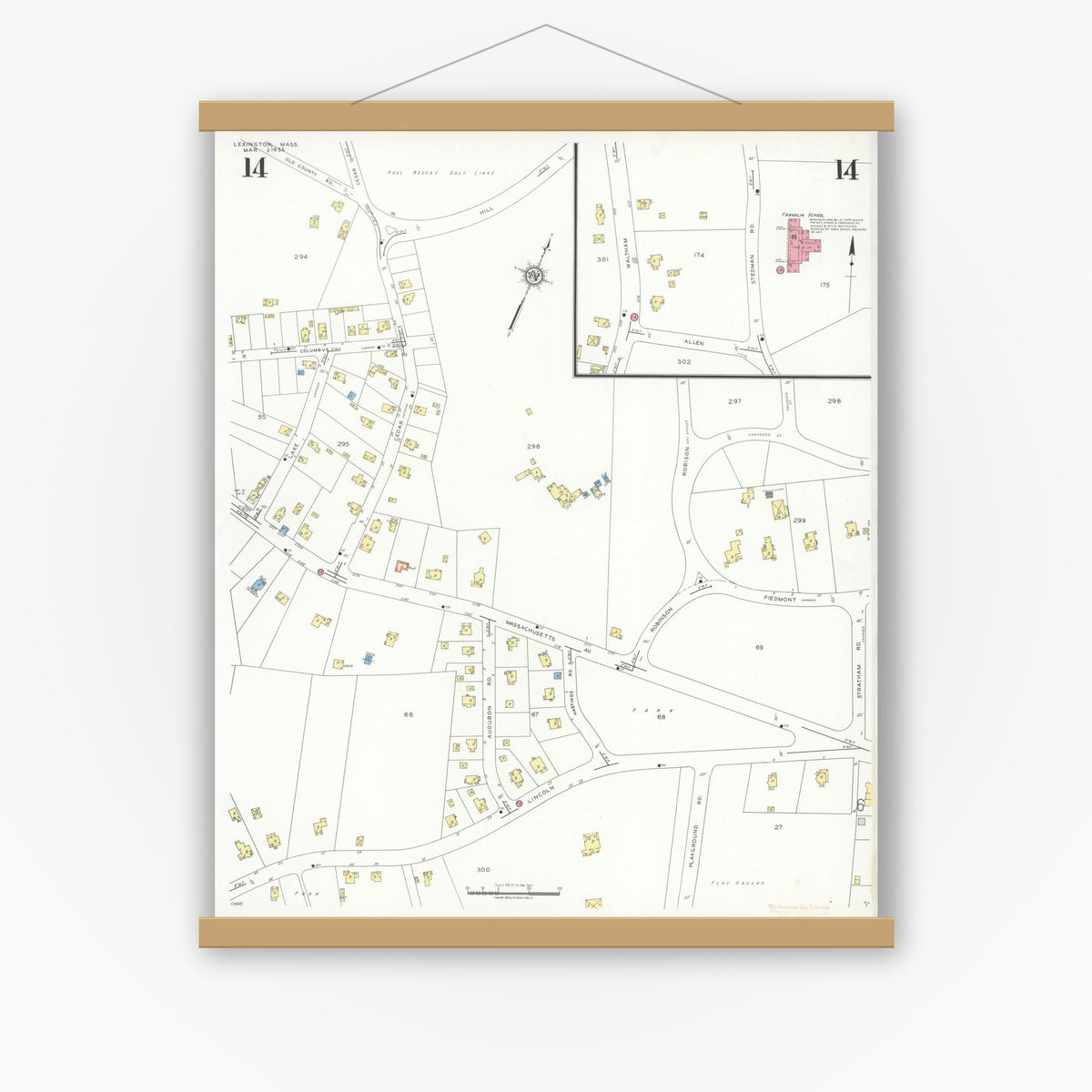 Old map wall art mockup — magnetic wood frame on white wall — Sanborn Fire Insurance Map from Lexington, Middlesex County, Massachusetts (1935), Sheet #0014