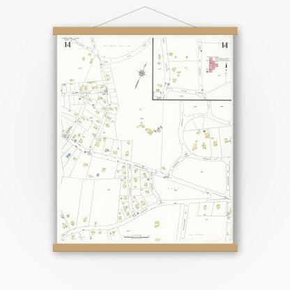 Old map wall art mockup — magnetic wood frame on white wall — Sanborn Fire Insurance Map from Lexington, Middlesex County, Massachusetts (1935), Sheet #0014
