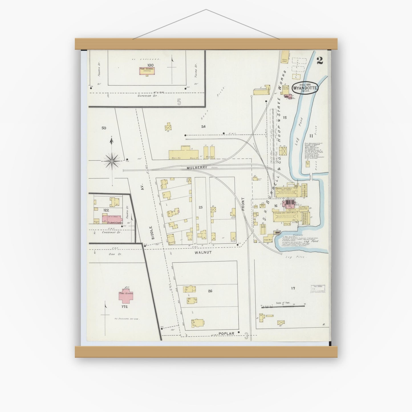 Old map wall art mockup — magnetic wood frame on white wall — Sanborn Fire Insurance Map from Wyandotte, Wayne County, Michigan (1895), Sheet #0002