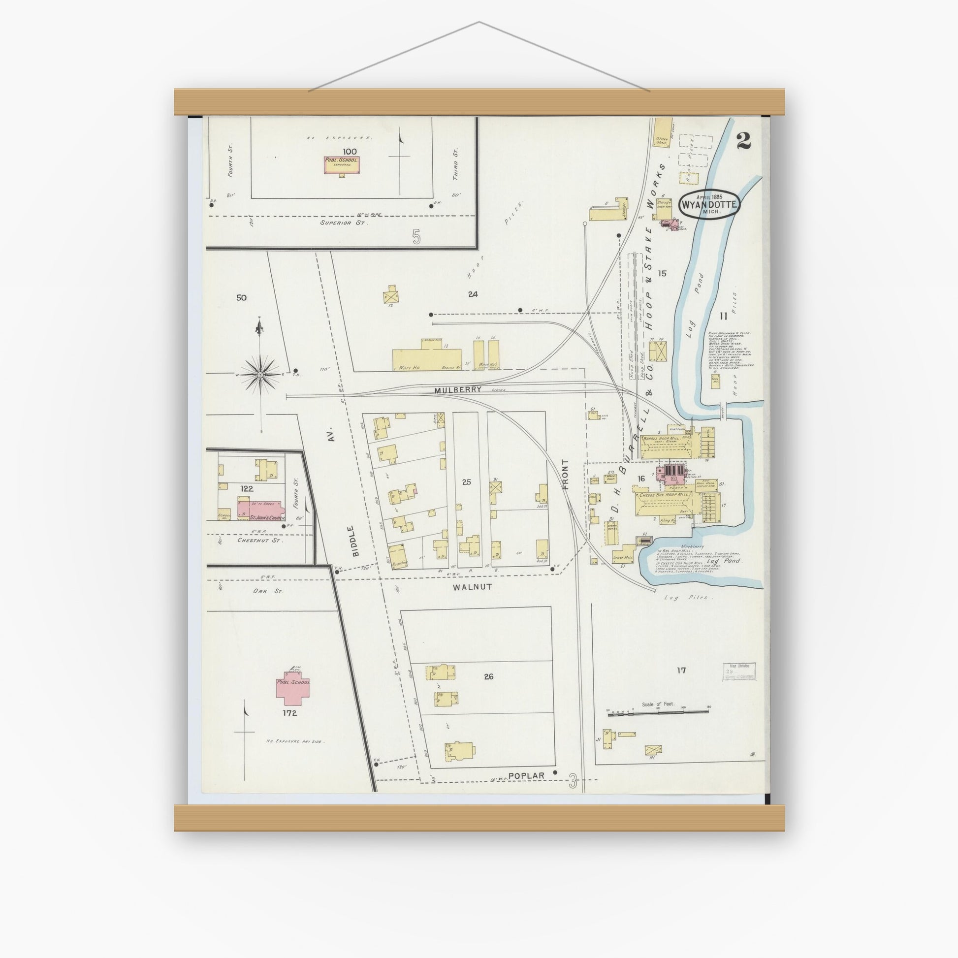 Old map wall art mockup — magnetic wood frame on white wall — Sanborn Fire Insurance Map from Wyandotte, Wayne County, Michigan (1895), Sheet #0002