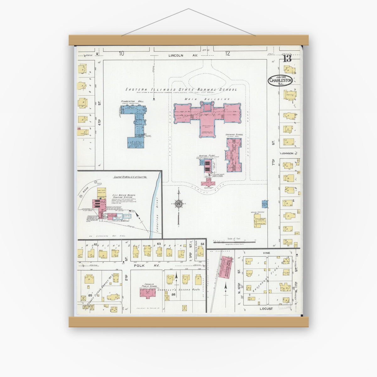 Old map wall art mockup — magnetic wood frame on white wall — Sanborn Fire Insurance Map from Charleston, Coles County, Illinois (1919), Sheet #0013