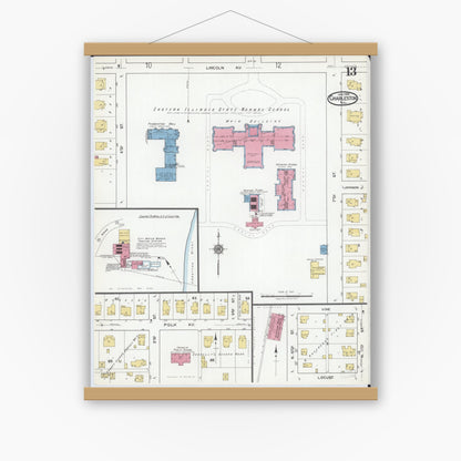 Old map wall art mockup — magnetic wood frame on white wall — Sanborn Fire Insurance Map from Charleston, Coles County, Illinois (1919), Sheet #0013