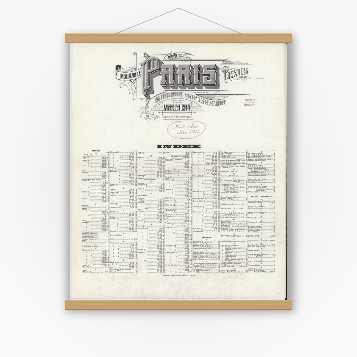 Old map wall art mockup — magnetic wood frame on white wall — Sanborn Fire Insurance Map from Paris, Lamar County, Texas (1914), Sheet #0001