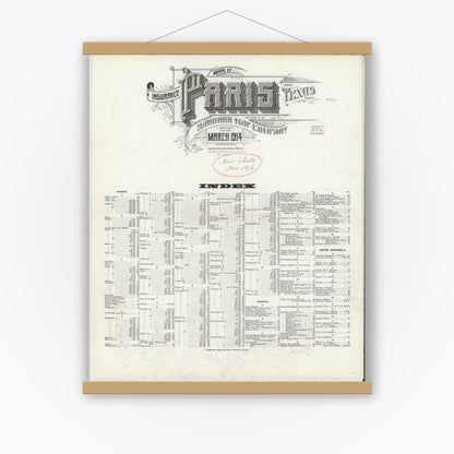 Old map wall art mockup — magnetic wood frame on white wall — Sanborn Fire Insurance Map from Paris, Lamar County, Texas (1914), Sheet #0001