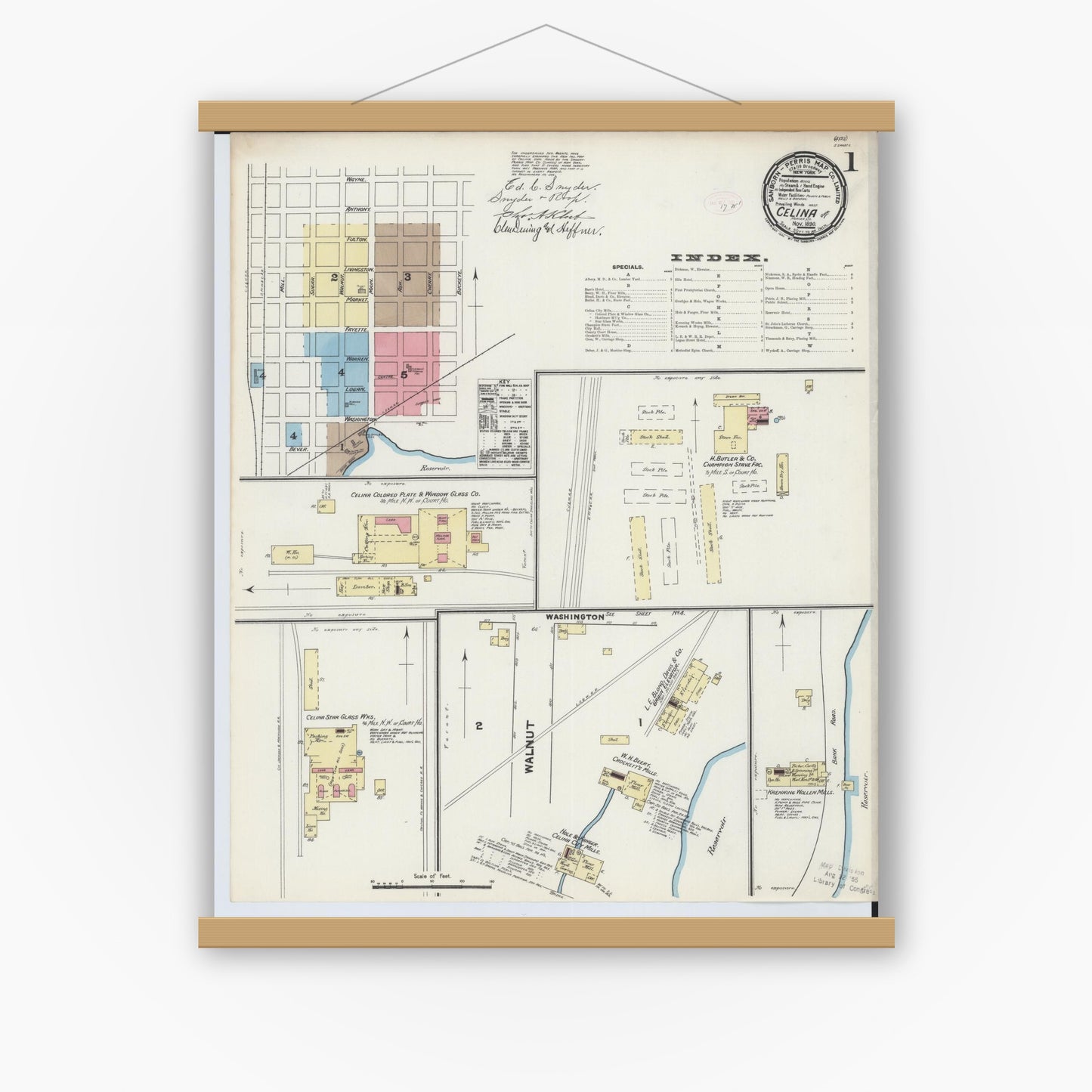 Old map wall art mockup — magnetic wood frame on white wall — Sanborn Fire Insurance Map from Celina, Mercer County, Ohio (1890) - Complete Map Set
