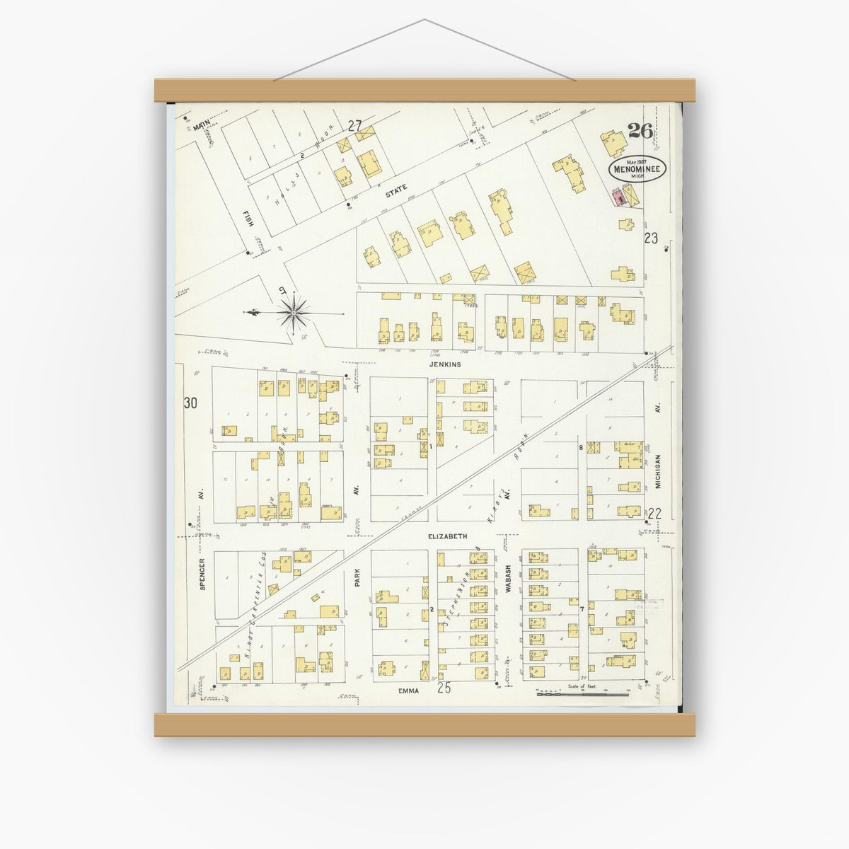 Old map wall art mockup — magnetic wood frame on white wall — Sanborn Fire Insurance Map from Menominee, Menominee County, Michigan (1907), Sheet #0026