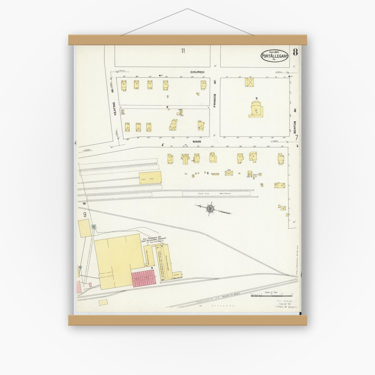 Old map wall art mockup — magnetic wood frame on white wall — Sanborn Fire Insurance Map from Port Allegany, McKean County, Pennsylvania (1909), Sheet #0008