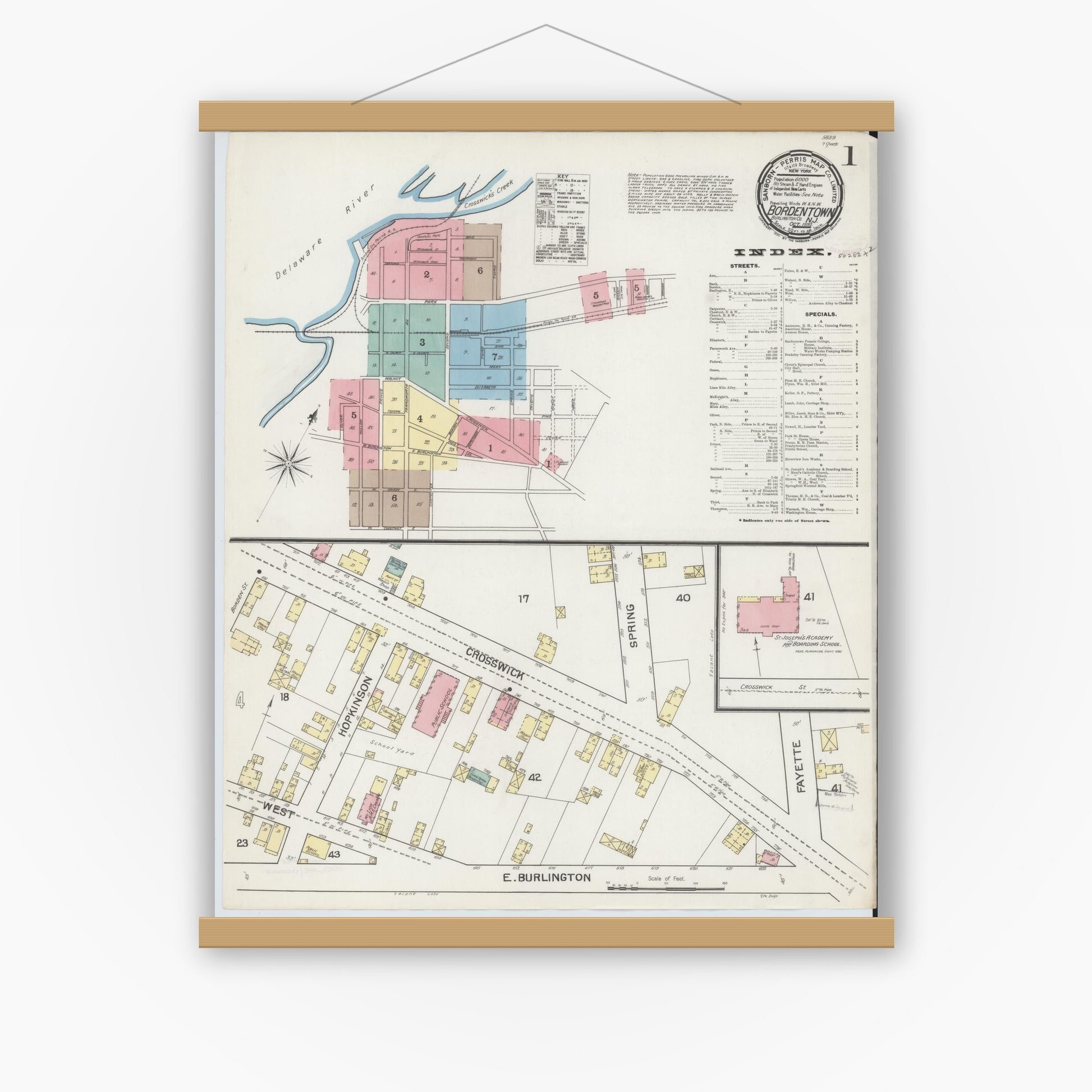 Old map wall art mockup — magnetic wood frame on white wall — Sanborn Fire Insurance Map from Bordentown, Burlington County, New Jersey (1892), Sheet #0001