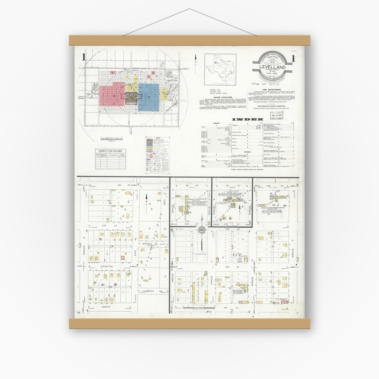 Old map wall art mockup — magnetic wood frame on white wall — Sanborn Fire Insurance Map from Levelland, Hockley County, Texas (1933), Sheet #0001