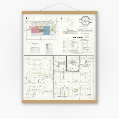 Old map wall art mockup — magnetic wood frame on white wall — Sanborn Fire Insurance Map from Levelland, Hockley County, Texas (1933), Sheet #0001