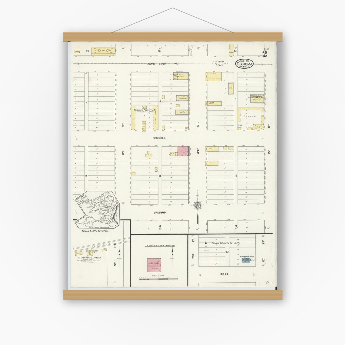 Old map wall art mockup — magnetic wood frame on white wall — Sanborn Fire Insurance Map from Texhoma, Texas County, Oklahoma and Sherman County, Texas, Oklahoma (1913), Sheet #0002