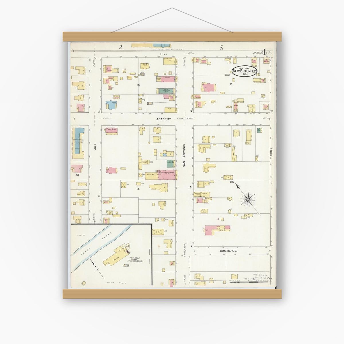 Old map wall art mockup — magnetic wood frame on white wall — Sanborn Fire Insurance Map from New Braunfels, Comal County, Texas (1907), Sheet #0004
