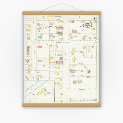 Old map wall art mockup — magnetic wood frame on white wall — Sanborn Fire Insurance Map from New Braunfels, Comal County, Texas (1907), Sheet #0004
