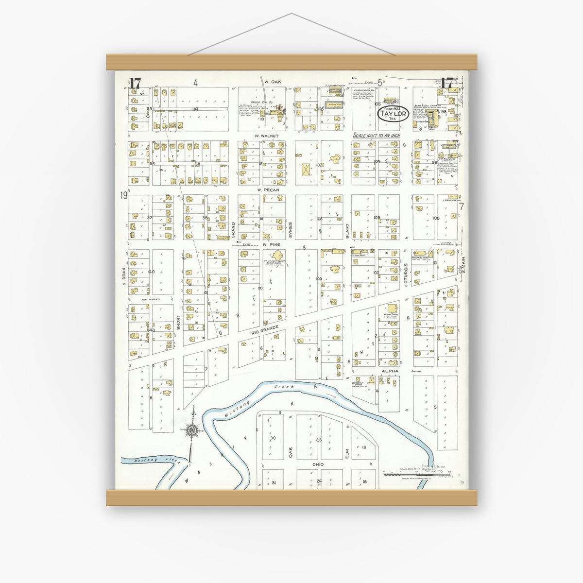 Old map wall art mockup — magnetic wood frame on white wall — Sanborn Fire Insurance Map from Taylor, Williamson County, Texas (1923), Sheet #0017