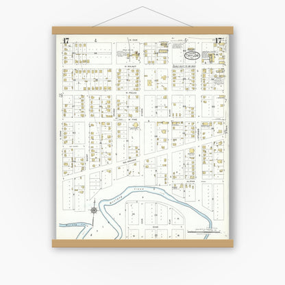 Old map wall art mockup — magnetic wood frame on white wall — Sanborn Fire Insurance Map from Taylor, Williamson County, Texas (1923), Sheet #0017