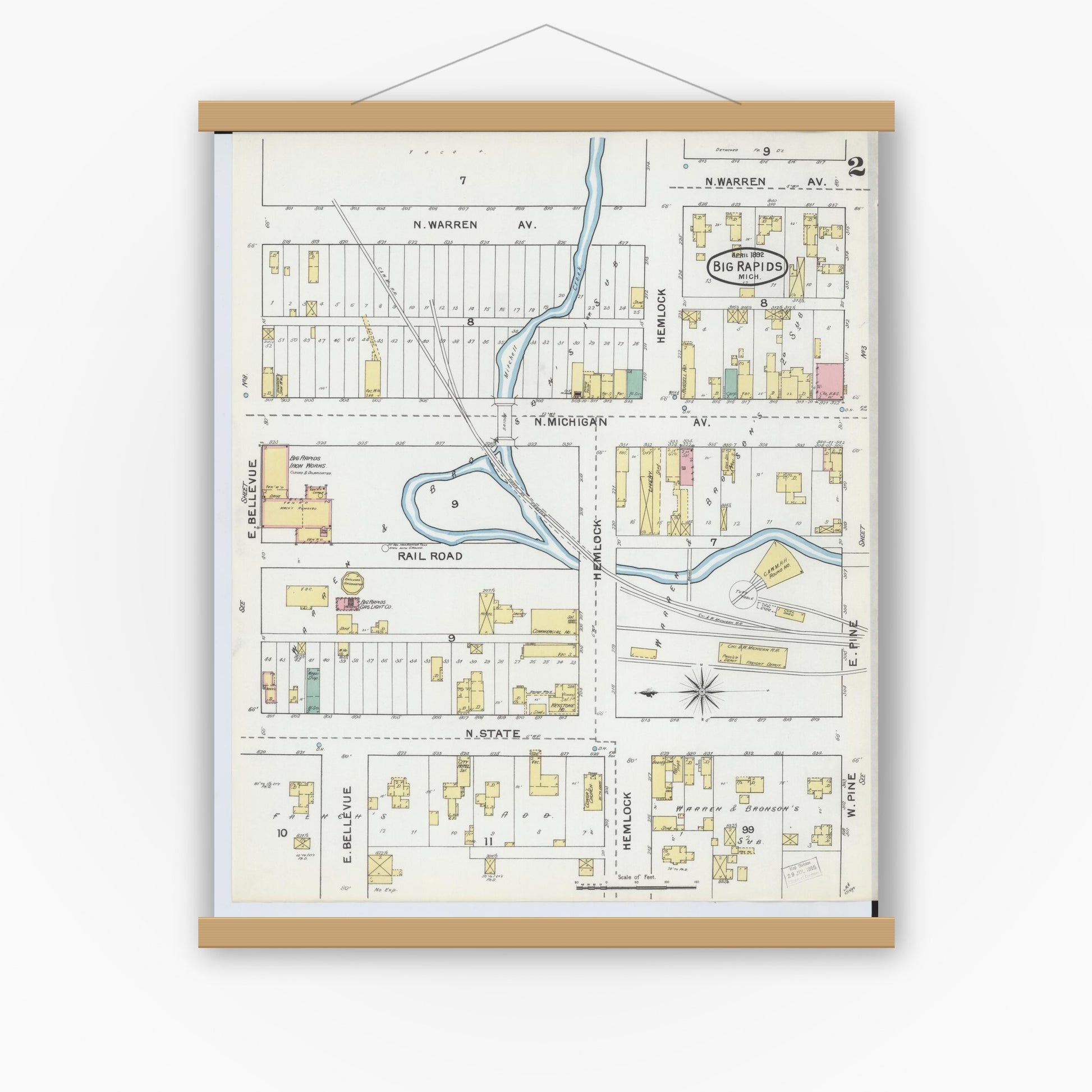 Old map wall art mockup — magnetic wood frame on white wall — Sanborn Fire Insurance Map from Big Rapids, Mecosta County, Michigan (1892), Sheet #0002