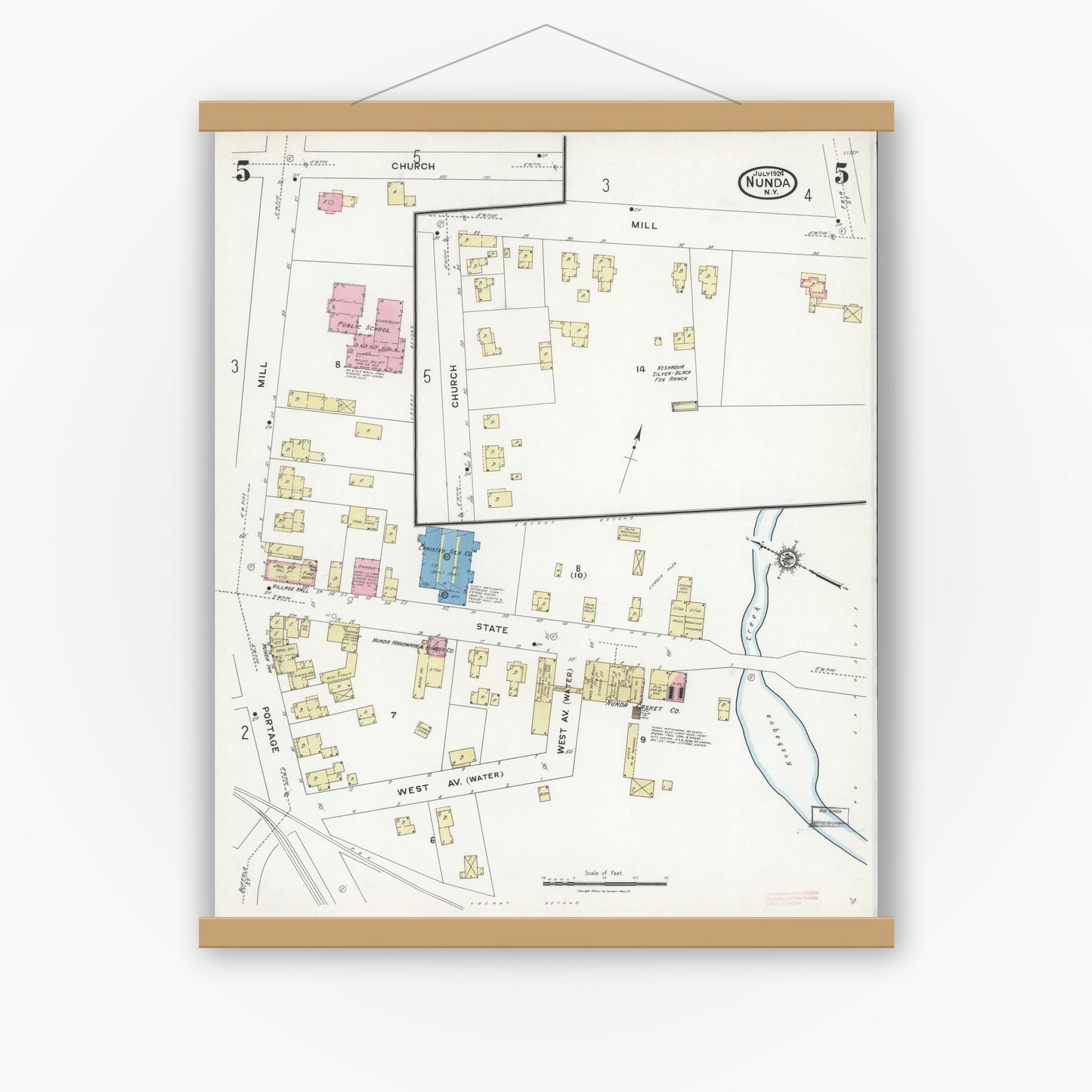 Old map wall art mockup — magnetic wood frame on white wall — Sanborn Fire Insurance Map from Nunda, Livingston County, New York (1924), Sheet #0005