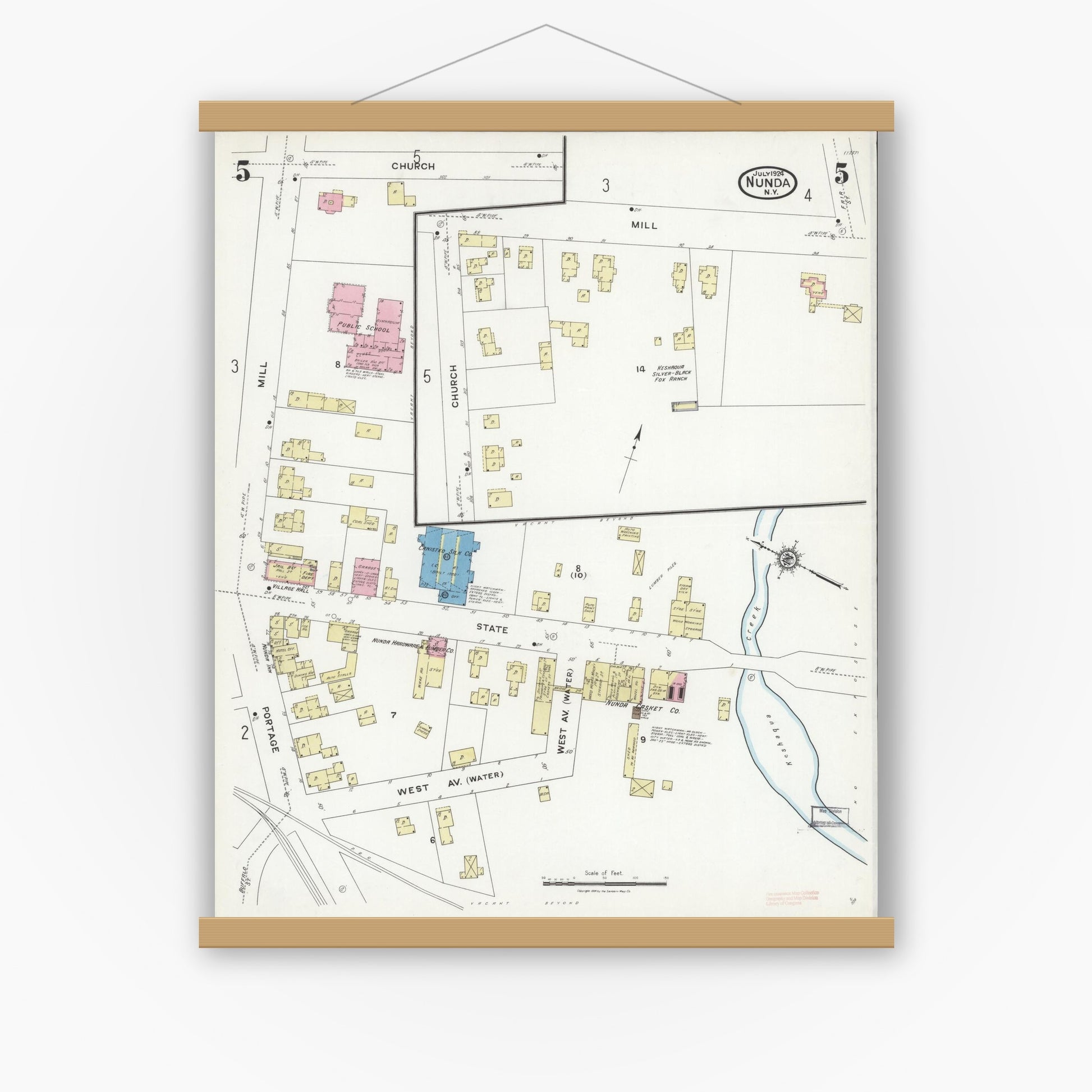 Old map wall art mockup — magnetic wood frame on white wall — Sanborn Fire Insurance Map from Nunda, Livingston County, New York (1924), Sheet #0005