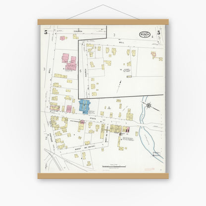 Old map wall art mockup — magnetic wood frame on white wall — Sanborn Fire Insurance Map from Nunda, Livingston County, New York (1924), Sheet #0005