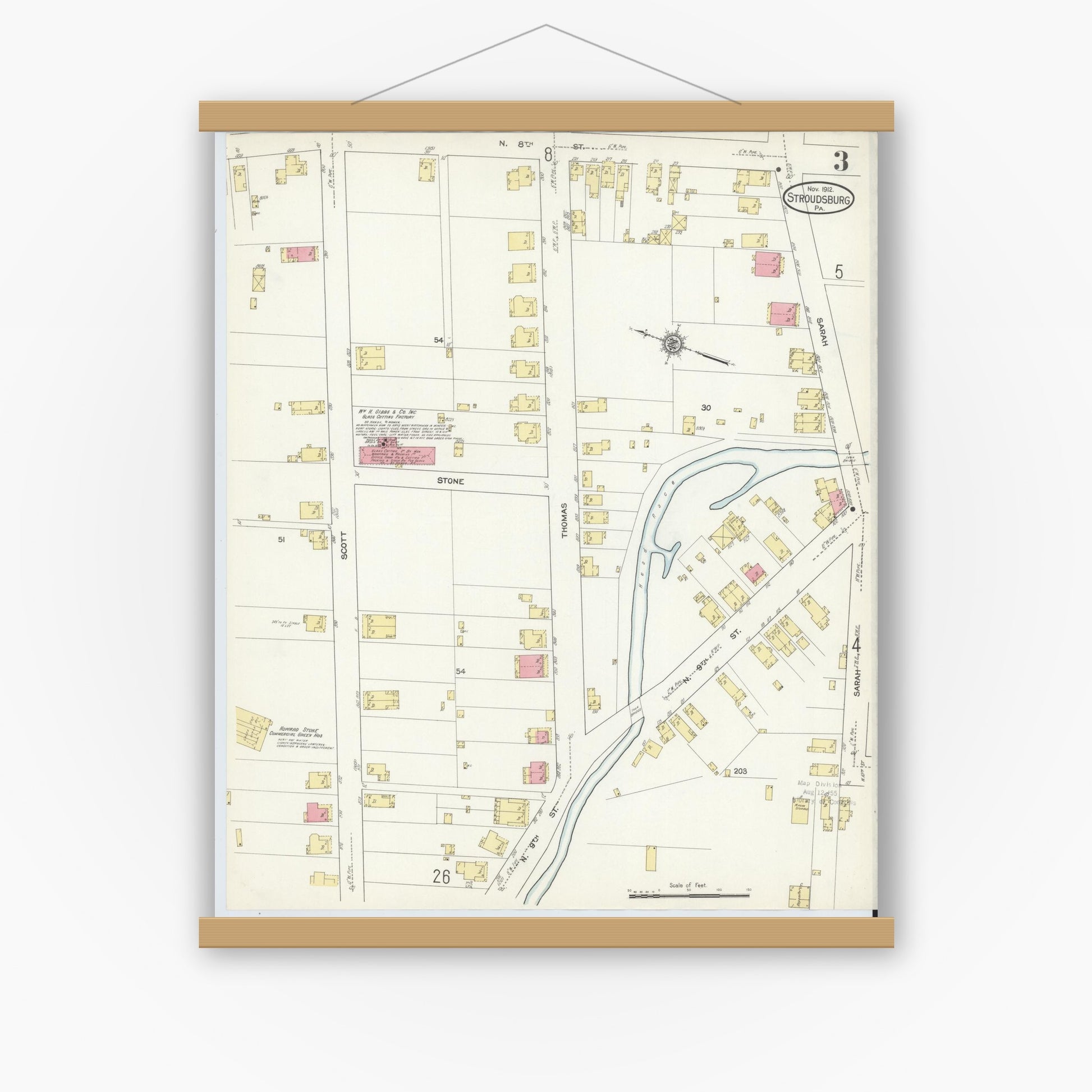 Old map wall art mockup — magnetic wood frame on white wall — Sanborn Fire Insurance Map from Stroudsburg, Monroe County, Pennsylvania (1912), Sheet #0003