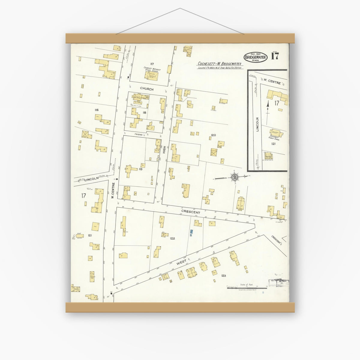 Old map wall art mockup — magnetic wood frame on white wall — Sanborn Fire Insurance Map from Bridgewater, Plymouth County, Massachusetts (1921), Sheet #0017