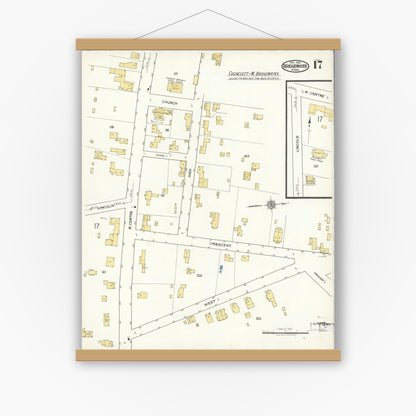 Old map wall art mockup — magnetic wood frame on white wall — Sanborn Fire Insurance Map from Bridgewater, Plymouth County, Massachusetts (1921), Sheet #0017