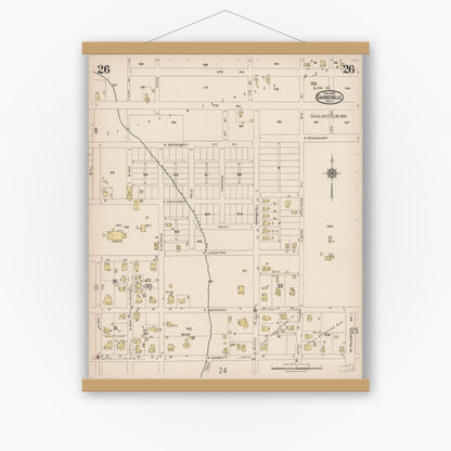 Old map wall art mockup — magnetic wood frame on white wall — Sanborn Fire Insurance Map from Gainesville, Alachua County, Florida (1922), Sheet #0026